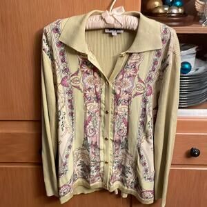 Via Moda Silk Sweater Large Floral Chartreuse Green Yellow